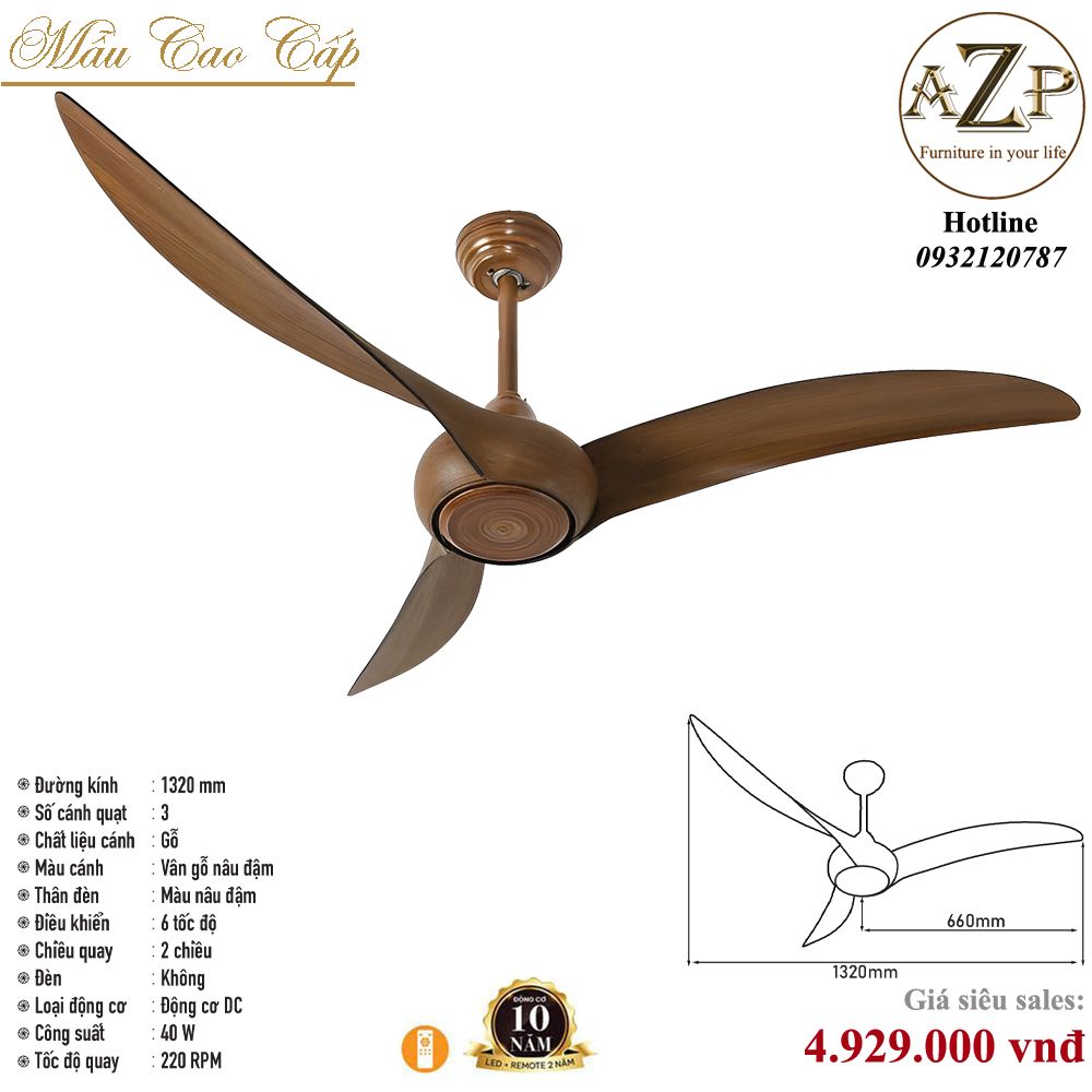 Quạt Nhóm Trung Lưu 3 cánh Gỗ/ Bảo Hành 10 năm-AZP-QTL6