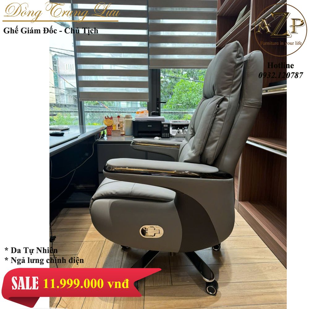 Ghế Văn Phòng AZP Dòng Phổ Thông Hàng Nhập Khẩu AZP-A2313-XAM Da Tự Nhiên Chỉnh Điện