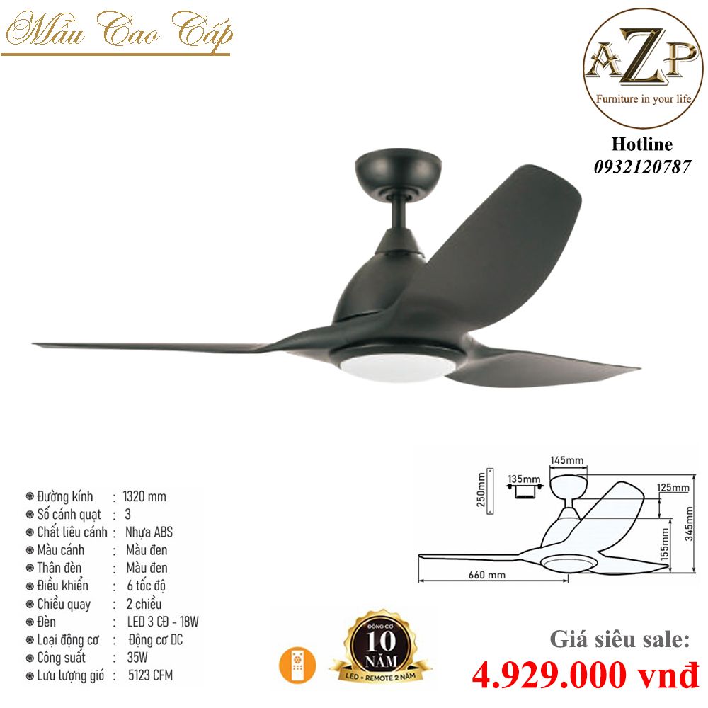 Quạt Nhóm Trung Lưu 3 Cánh Nhựa ABS  - Có Đèn/ Bảo Hành 10 năm AZP-QTL19
