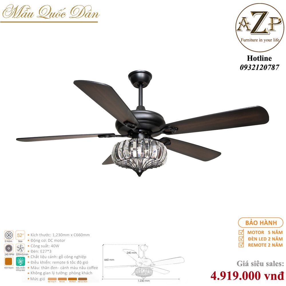 Quạt Nhóm Quốc Dân 5 Cánh Gỗ - Có Đèn/ Bảo Hành 5 năm AZP-QQD27