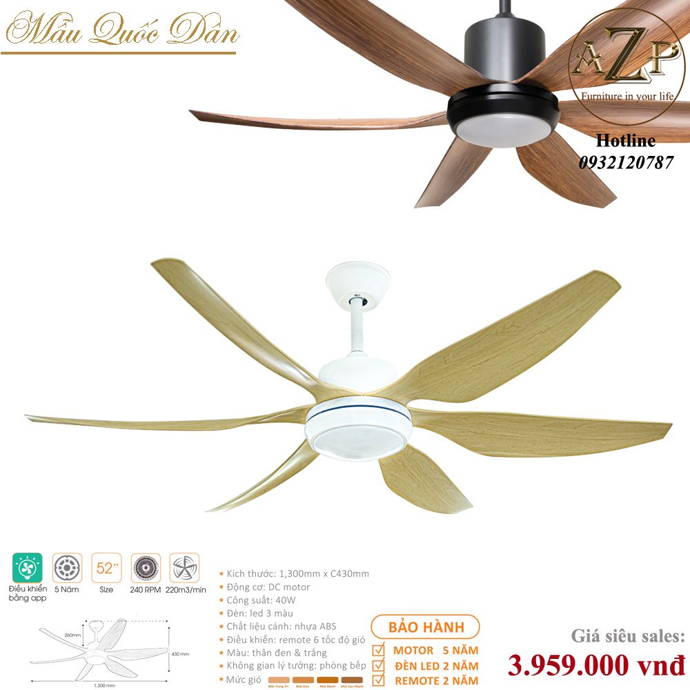 Quạt Nhóm Quốc Dân 6 Cánh Nhựa ABS - Có Đèn/ Bảo Hành 5 năm AZP-QQD100 16