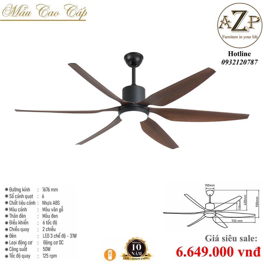 Quạt Nhóm Trung Lưu 6 Cánh Nhựa ABS  -  Có Đèn/ Bảo Hành 10 năm AZP-QTL30