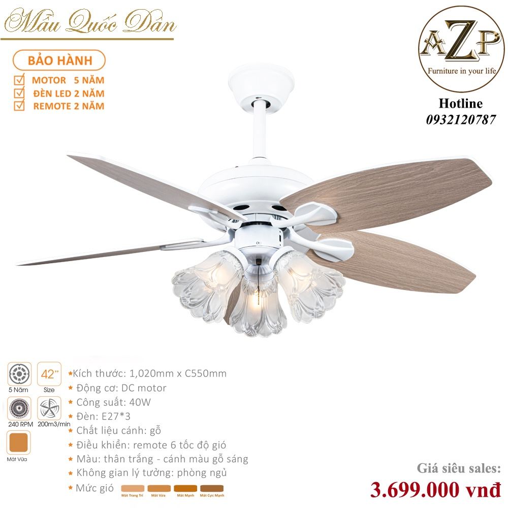 Quạt Nhóm Quốc Dân 5 Cánh Gỗ - Có Đèn/ Bảo Hành 5 năm AZP-QQD41