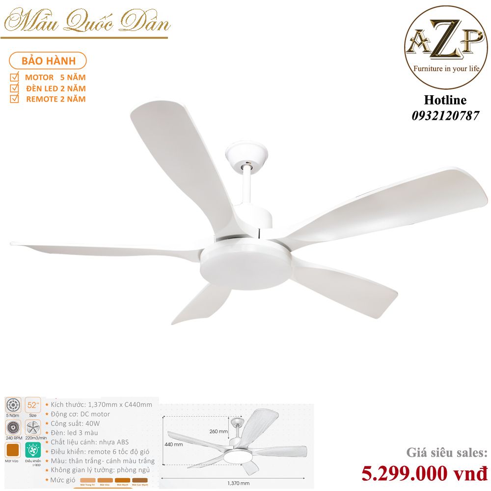 Quạt Nhóm Quốc Dân 5 Cánh Nhựa ABS - Có Đèn/ Bảo Hành 5 năm AZP-QQD100 19