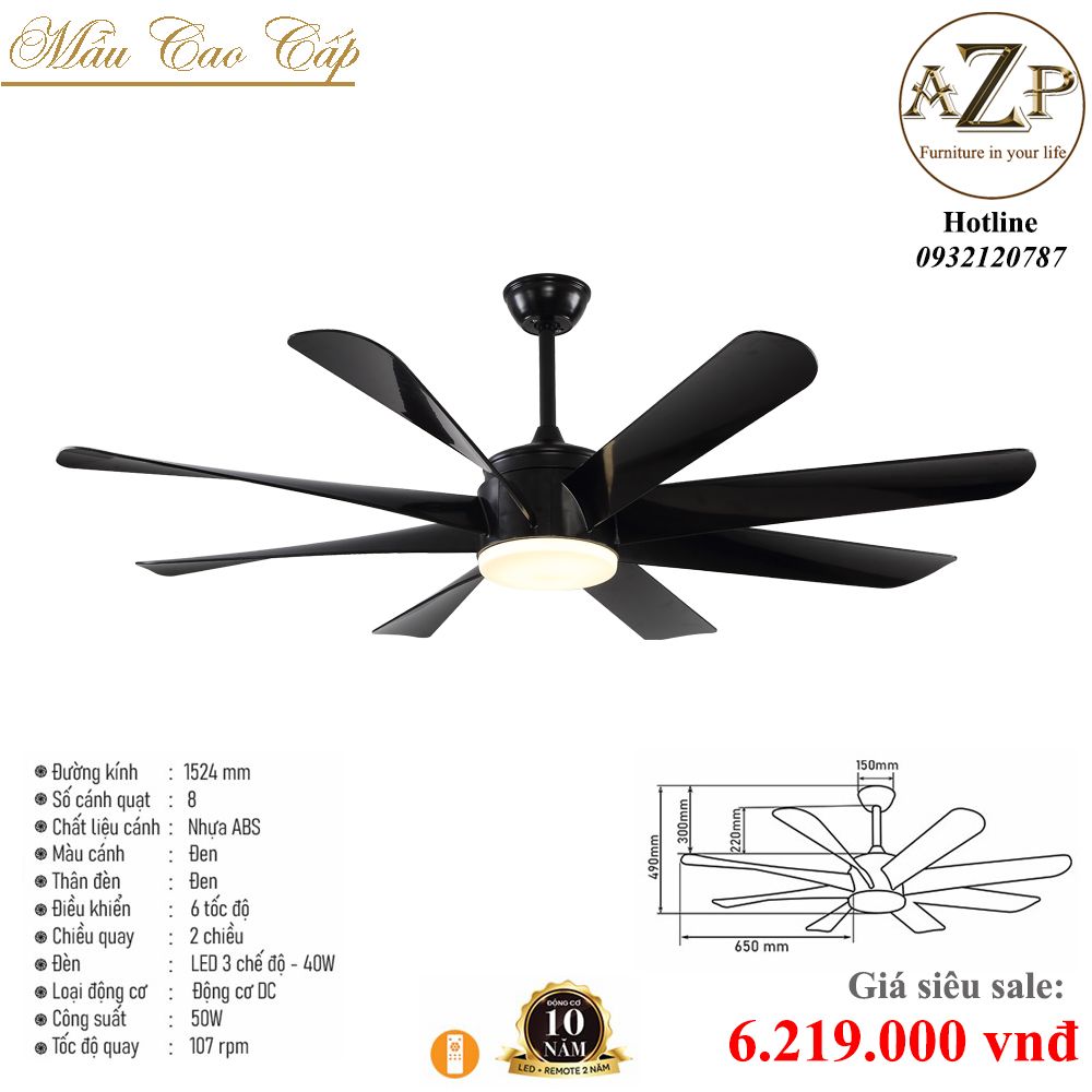 Quạt Nhóm Trung Lưu 8 Cánh Nhựa ABS -  Có Đèn/ Bảo Hành 10 năm AZP-QTL28