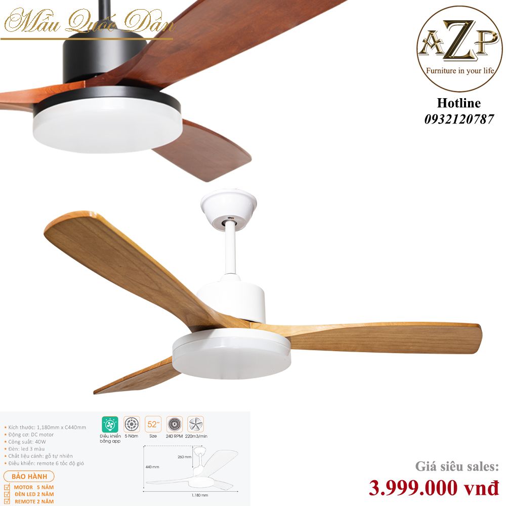 Quạt Nhóm Quốc Dân 3 Cánh Gỗ - Có Đèn/ Bảo Hành 5 năm AZP-QQD11