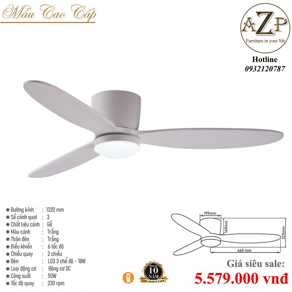 Quạt Nhóm Trung Lưu 3 Cánh Gỗ - Có Đèn/ Bảo Hành 10 năm AZP-QTL60