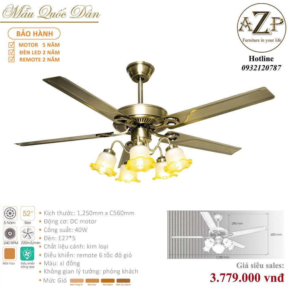 Quạt Nhóm Quốc Dân 5 Cánh Thép - Có Đèn/ Bảo Hành 5 năm AZP-QQD43
