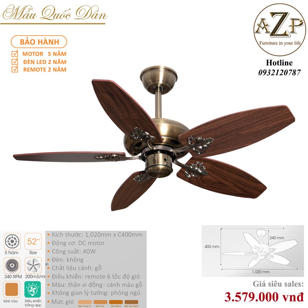 Quạt Nhóm Quốc Dân 5 Cánh Gỗ - Không Đèn/ Bảo Hành 5 năm AZP-QQD36