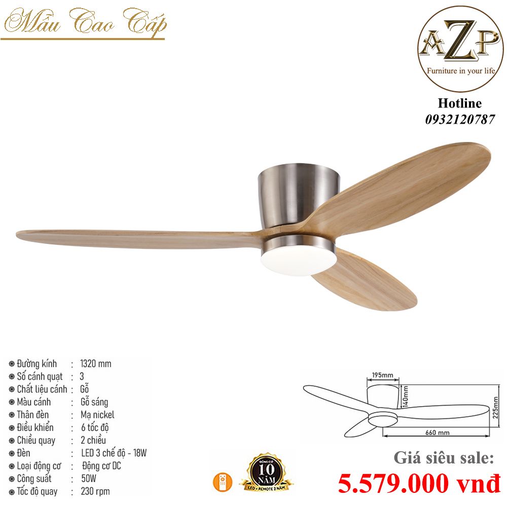 Quạt Nhóm Trung Lưu 3 Cánh Gỗ - Có Đèn/ Bảo Hành 10 năm AZP-QTL61