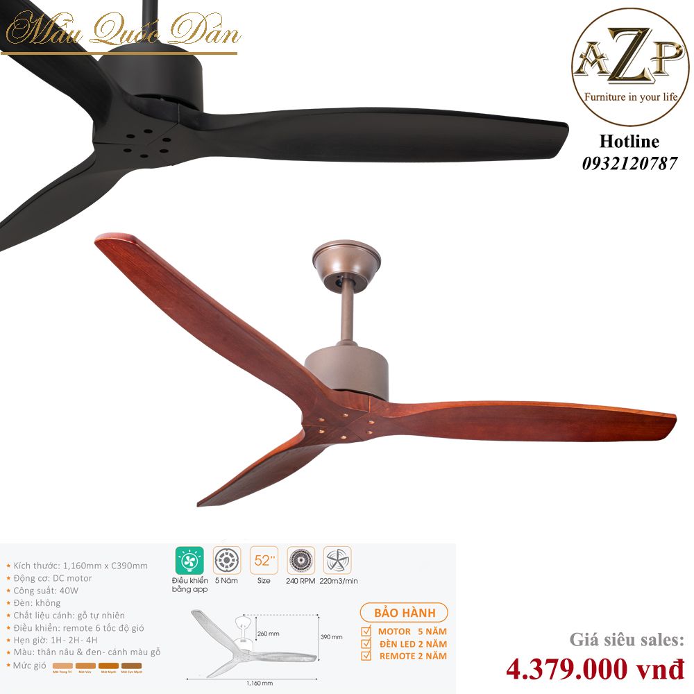 Quạt Nhóm Quốc Dân 3 Cánh Gỗ - Không Đèn/ Bảo Hành 5 năm AZP-QQD23