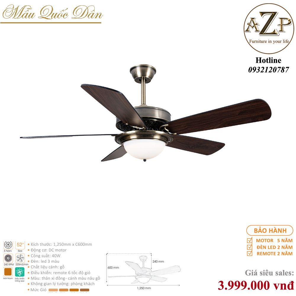 Quạt Nhóm Quốc Dân 5 Cánh Gỗ - Có Đèn/ Bảo Hành 5 năm AZP-QQD28C