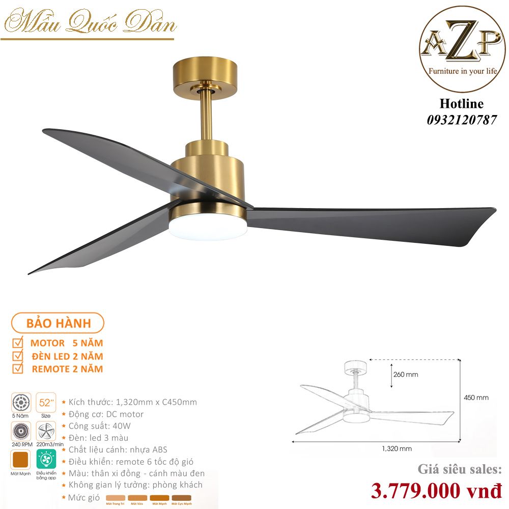 Quạt Nhóm Quốc Dân 3 Cánh Nhựa ABS - Có Đèn/ Bảo Hành 5 năm AZP-QQD54