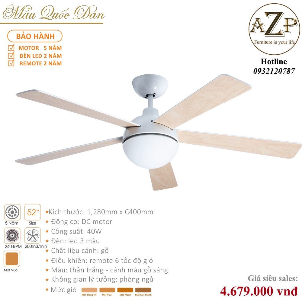 Quạt Nhóm Quốc Dân 5 Cánh Gỗ - Có Đèn/ Bảo Hành 5 năm AZP-QQD42