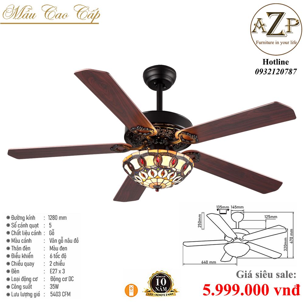Quạt Nhóm Trung Lưu 5 Cánh Gỗ - Có Đèn/ Bảo Hành 10 năm AZP-QTL57