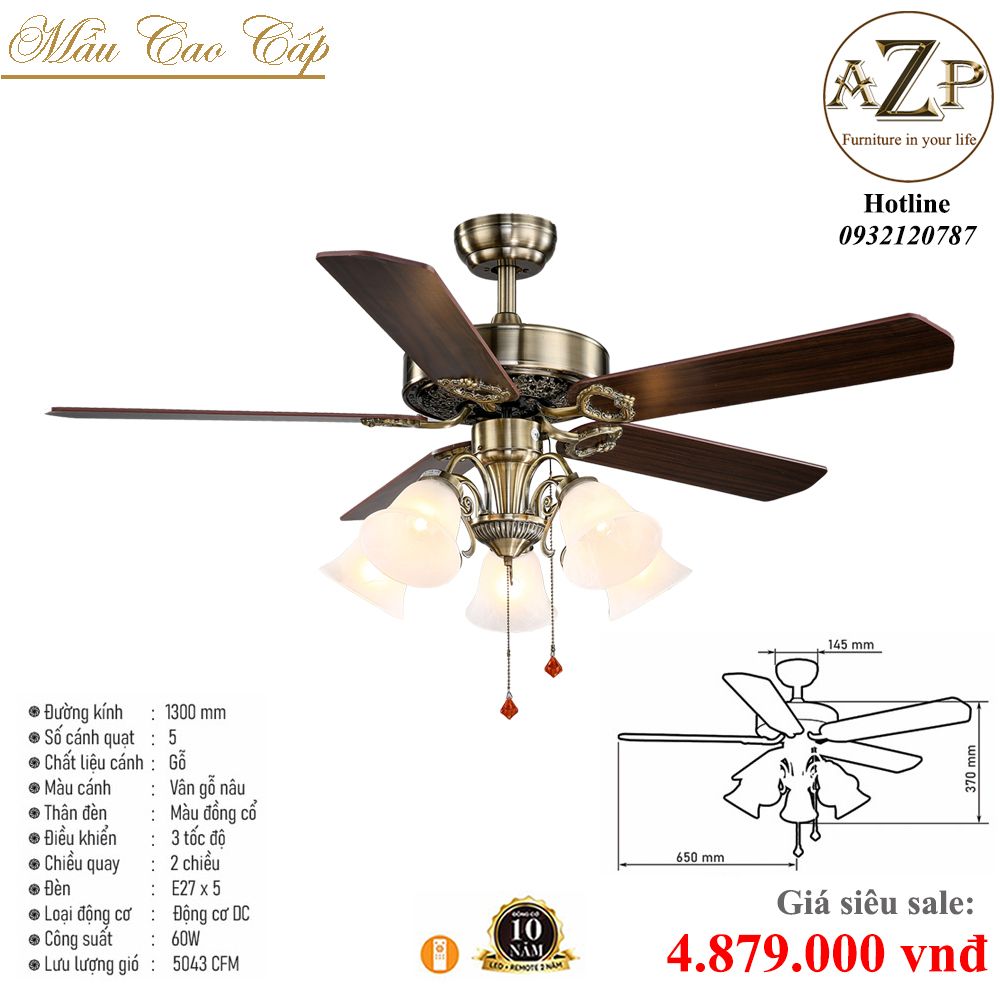 Quạt Nhóm Trung Lưu 5 Cánh Gỗ - Có Đèn/ Bảo Hành 10 năm AZP-QTL56