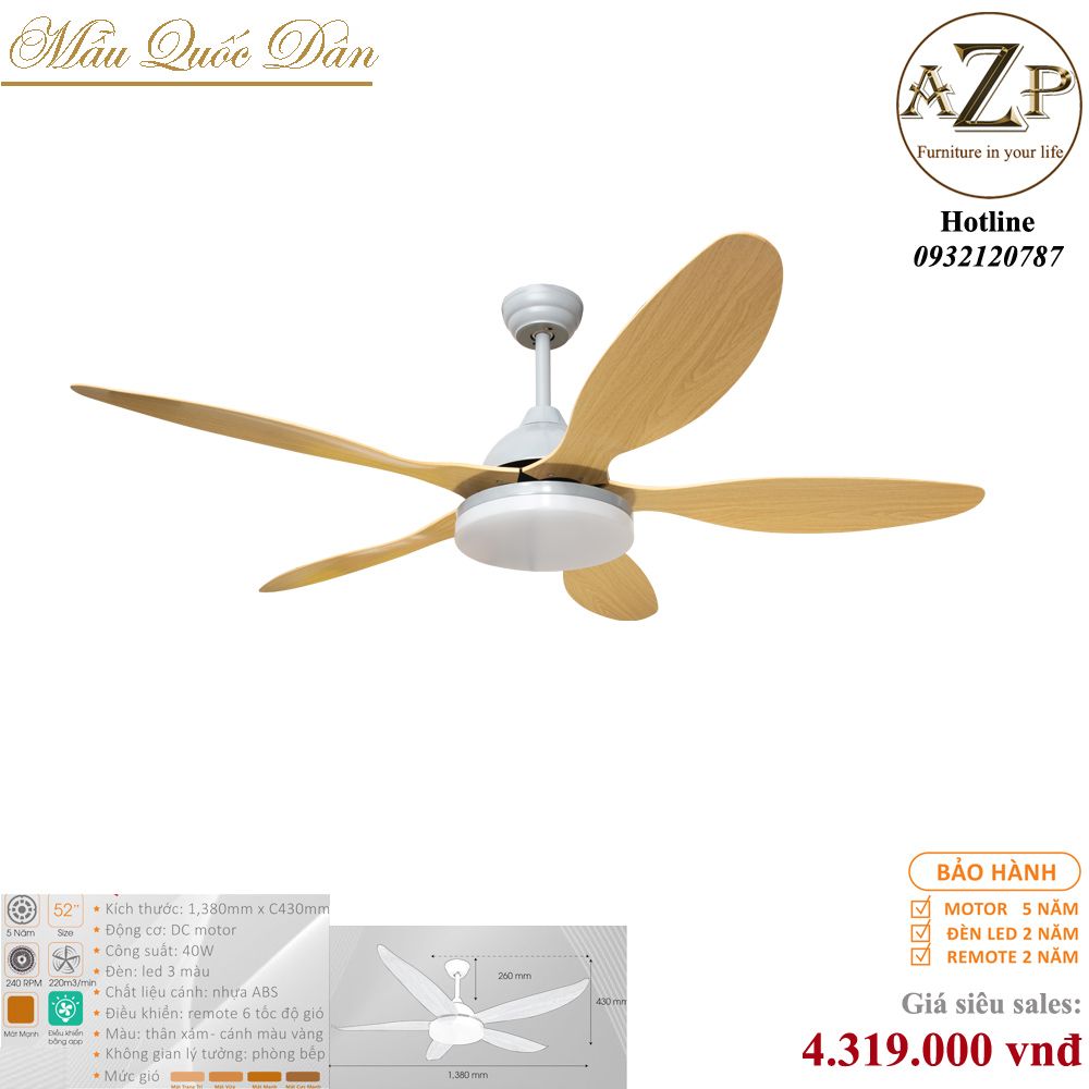 Quạt Nhóm Quốc Dân 5 Cánh Nhựa ABS - Có Đèn/ Bảo Hành 5 năm AZP-QQD100 27