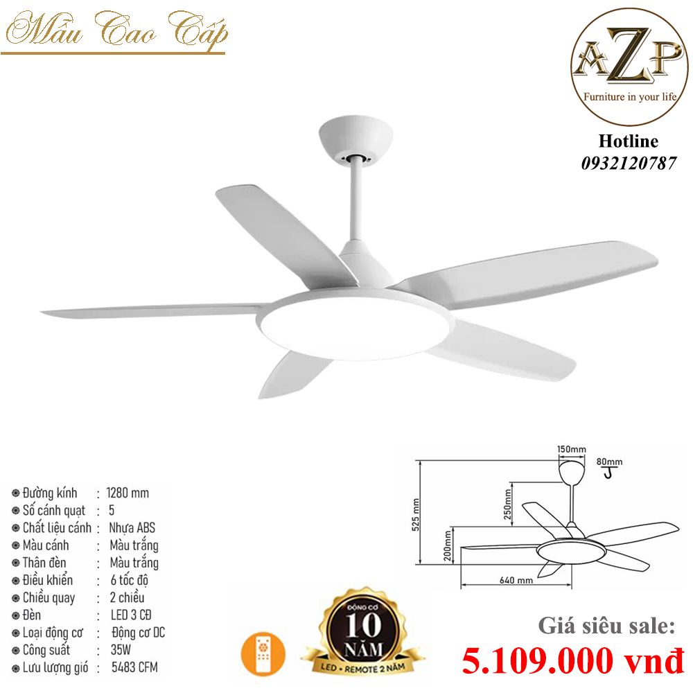 Quạt Nhóm Trung Lưu 5 Cánh Nhựa ABS  - Có Đèn/ Bảo Hành 10 năm AZP-QTL38