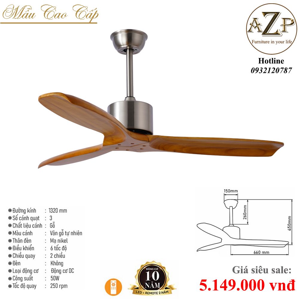 Quạt Nhóm Trung Lưu 3 Cánh Gỗ  -  Không Đèn/ Bảo Hành 10 năm AZP-QTL23