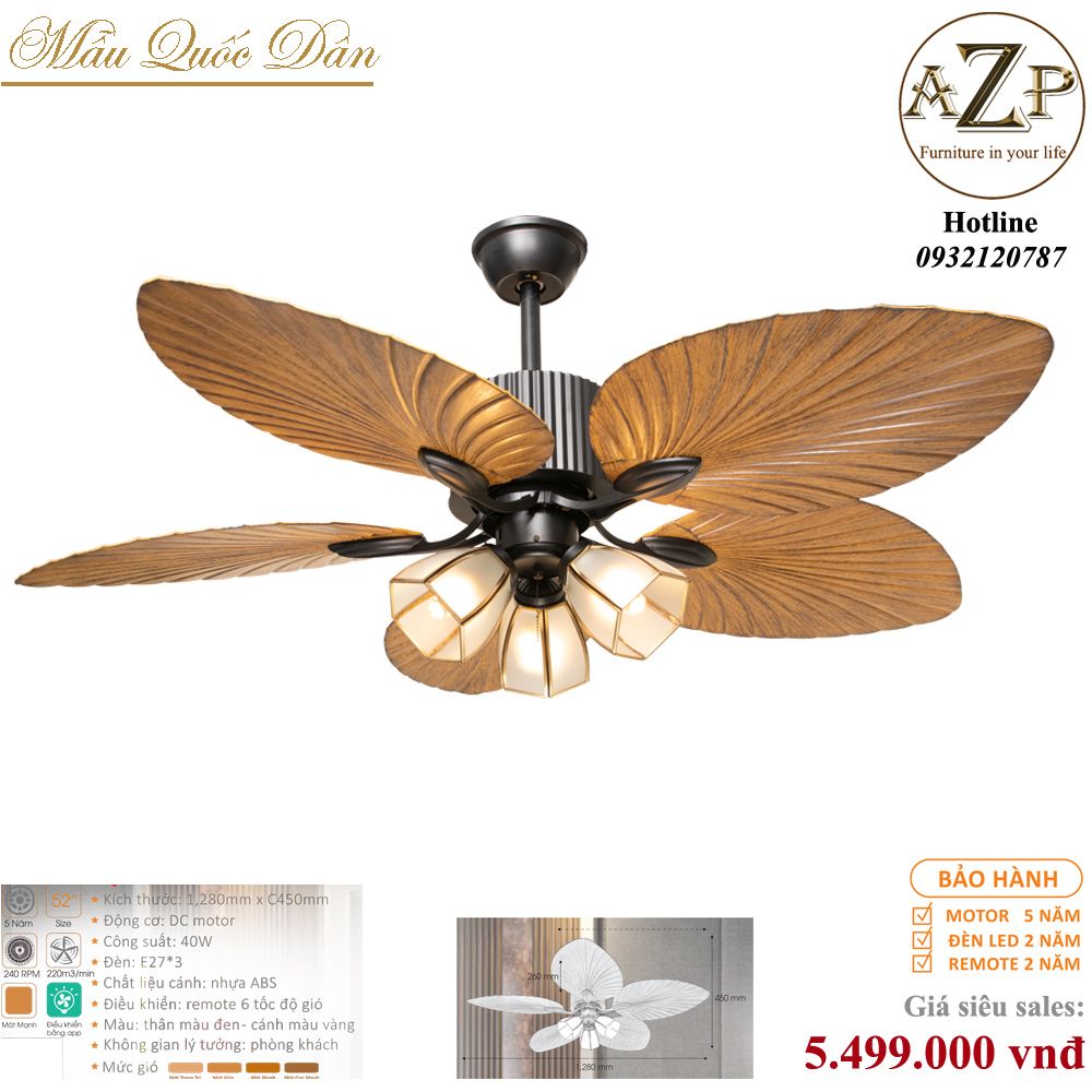 Quạt Nhóm Quốc Dân 5 Cánh Nhựa ABS - Có Đèn/ Bảo Hành 5 năm AZP-QQD100 5