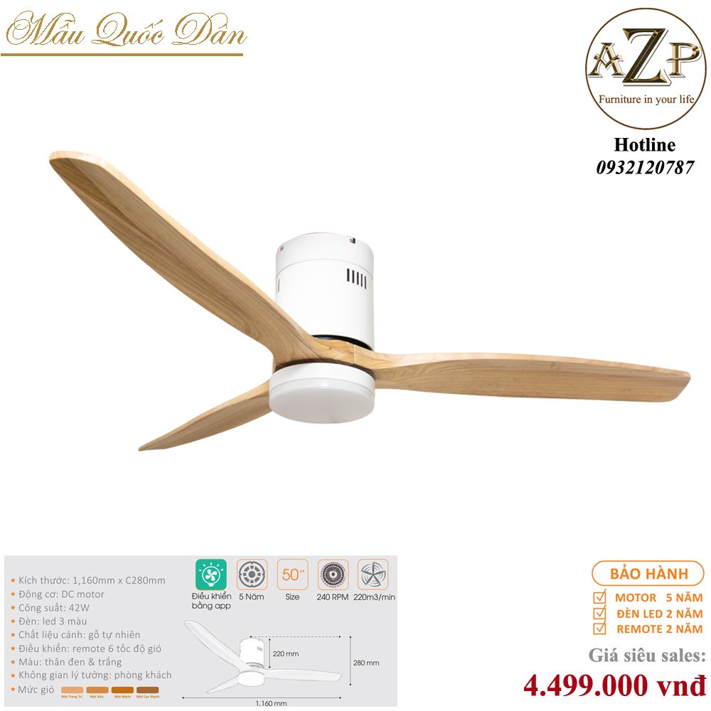 Quạt Nhóm Quốc Dân 3 Cánh Gỗ - Có Đèn/ Bảo Hành 5 năm AZP-QQD100 57
