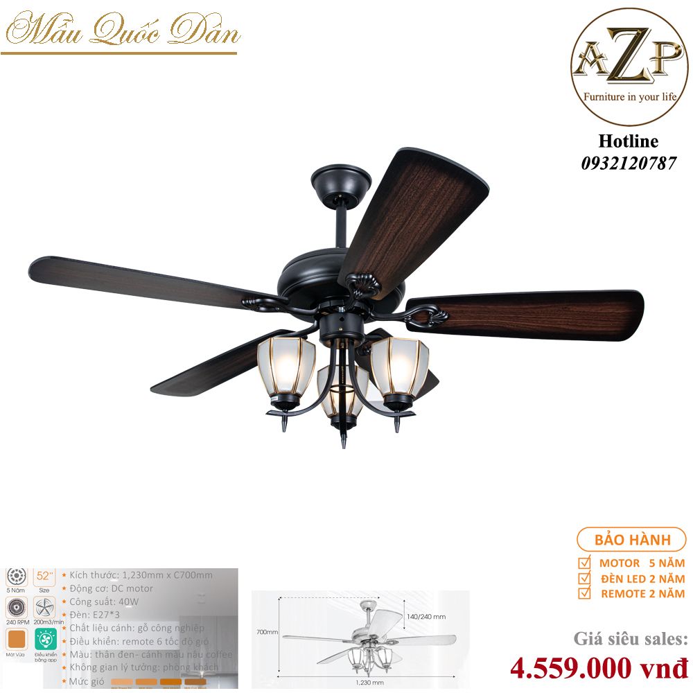 Quạt Nhóm Quốc Dân 5 Cánh Gỗ - Có Đèn/ Bảo Hành 5 năm AZP-QQD25