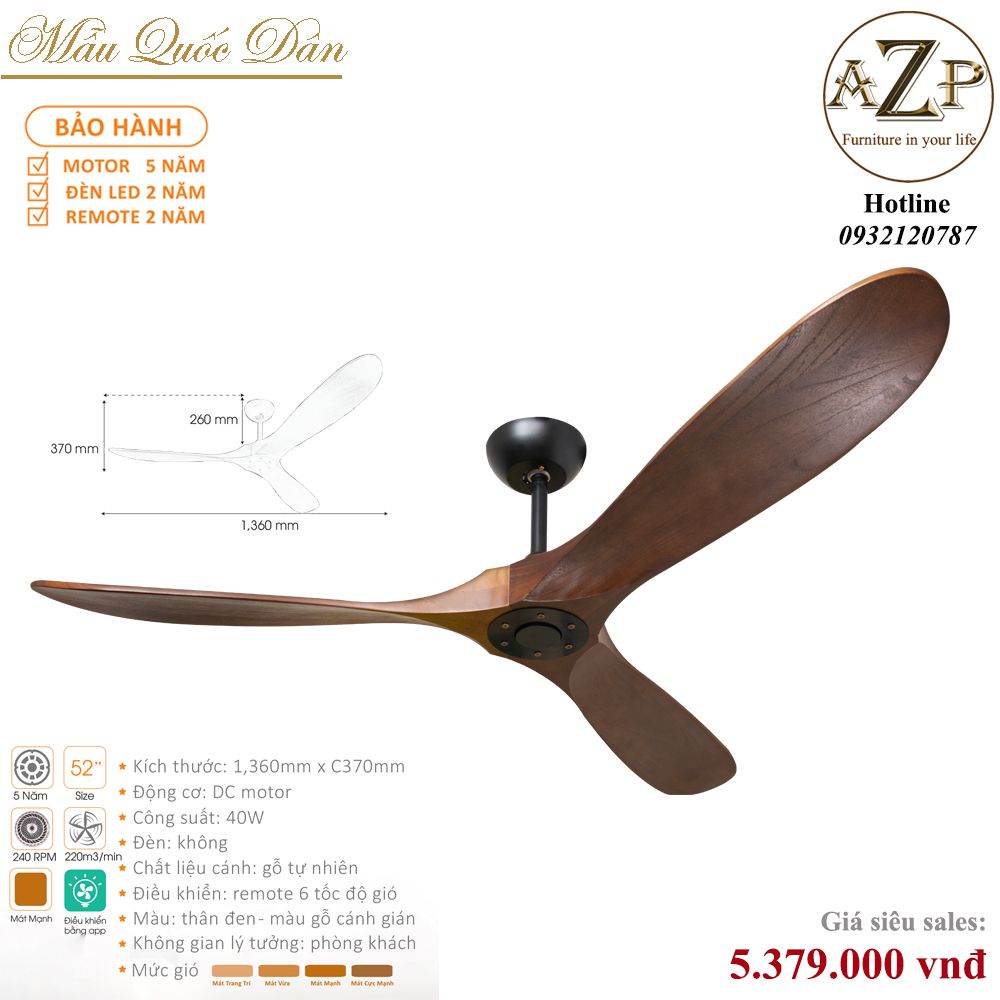Quạt Nhóm Quốc Dân 3 Cánh Gỗ - Không Đèn/ Bảo Hành 5 năm AZP-QQD5
