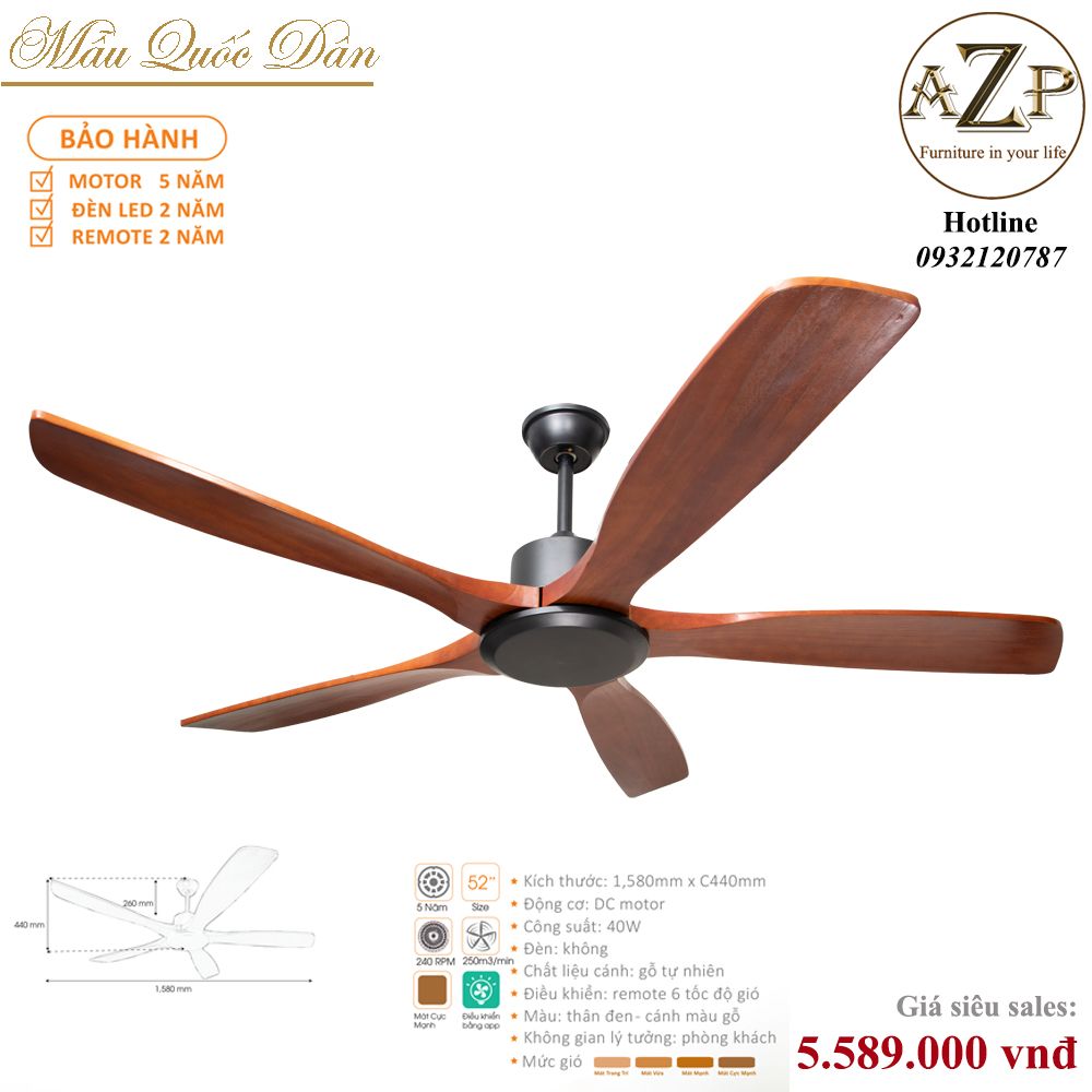 Quạt Nhóm Quốc Dân 5 Cánh Gỗ - Không Đèn/ Bảo Hành 5 năm AZP-QQD19