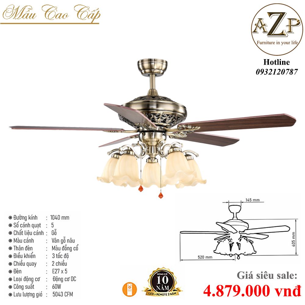 Quạt Nhóm Trung Lưu 5 Cánh Gỗ  - Có Đèn/ Bảo Hành 10 năm AZP-QTL55