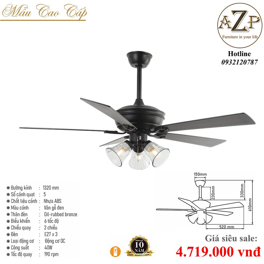 Quạt Nhóm Trung Lưu 5 Cánh Nhựa ABS - Đèn/ Bảo Hành 10 năm AZP-QTL52