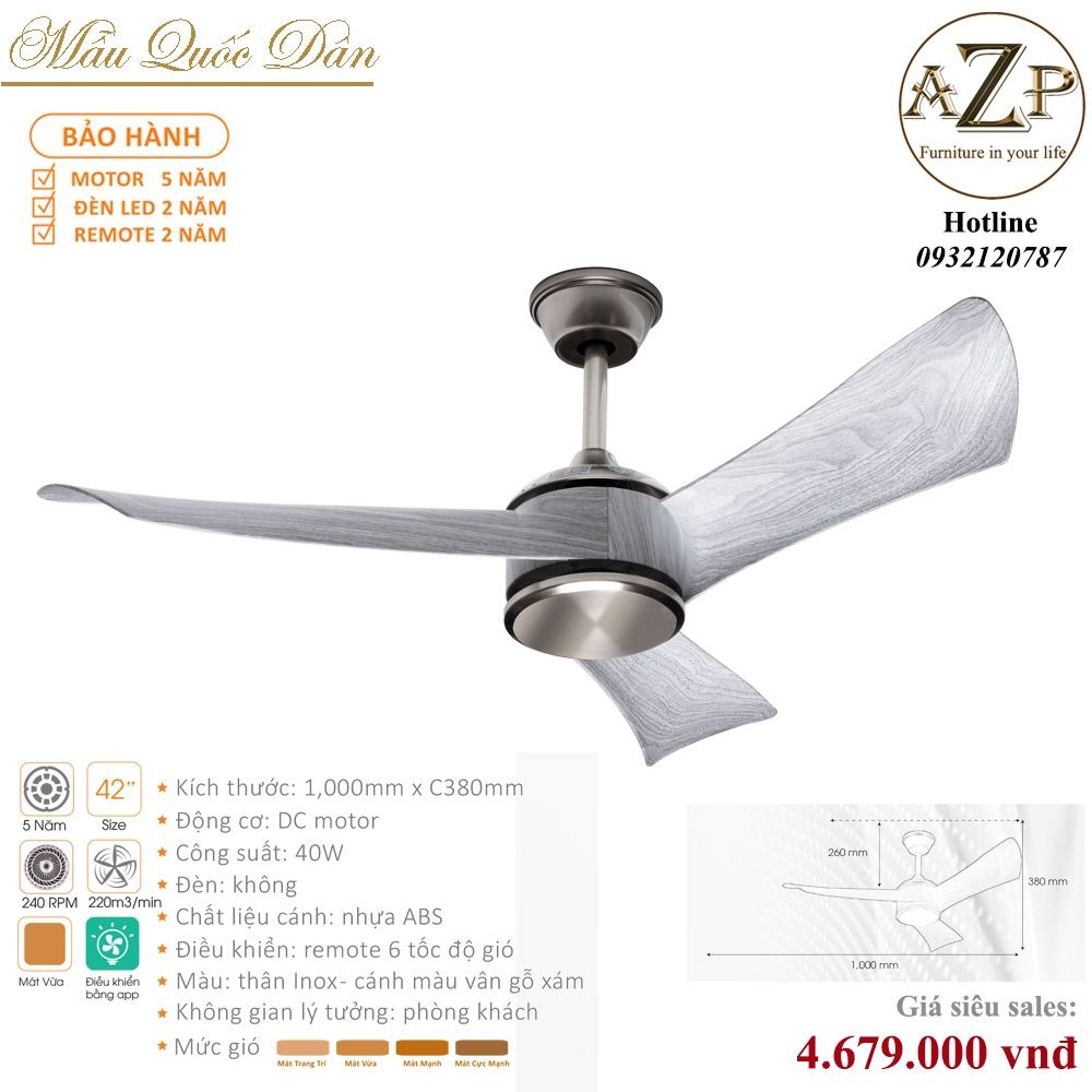 Quạt Nhóm Quốc Dân 3 Cánh Thép - Không Đèn/ Bảo Hành 5 năm AZP-QQD52