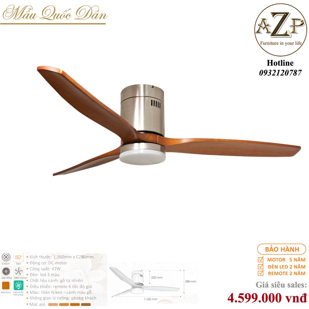 Quạt Nhóm Quốc Dân 3 Cánh Gỗ - Có Đèn/ Bảo Hành 5 năm AZP-QQD100 63
