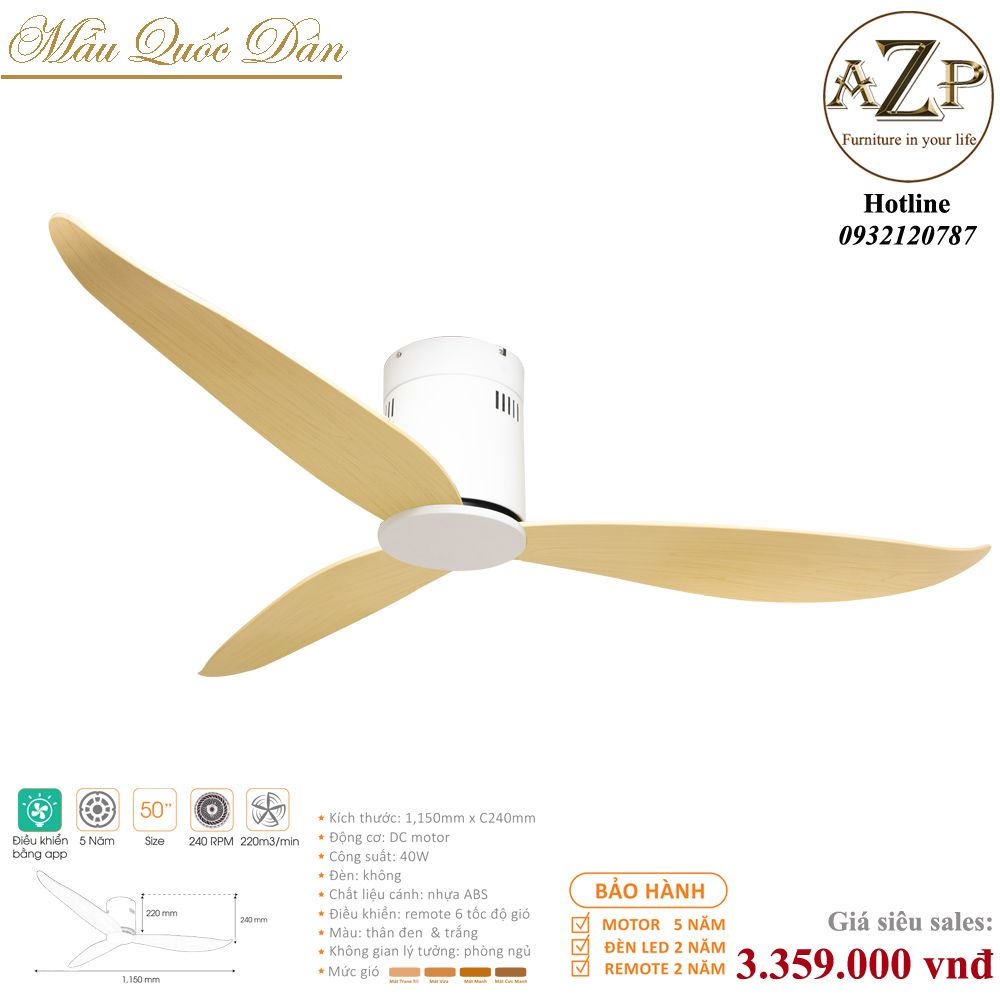 Quạt Nhóm Quốc Dân 3 Cánh Nhựa ABS - Không Đèn/ Bảo Hành 5 năm AZP-QQD100 52