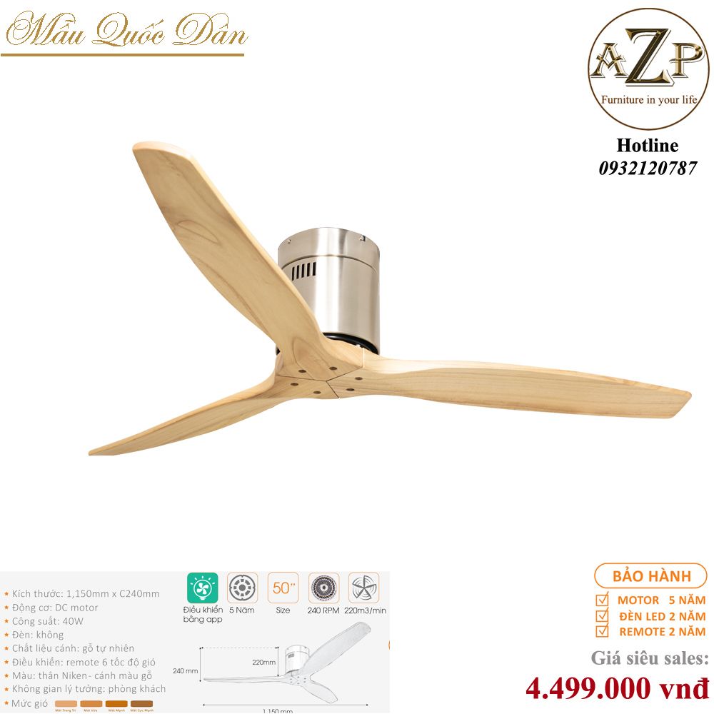 Quạt Nhóm Quốc Dân 3 Cánh Gỗ - Không Đèn/ Bảo Hành 5 năm AZP-QQD100 64