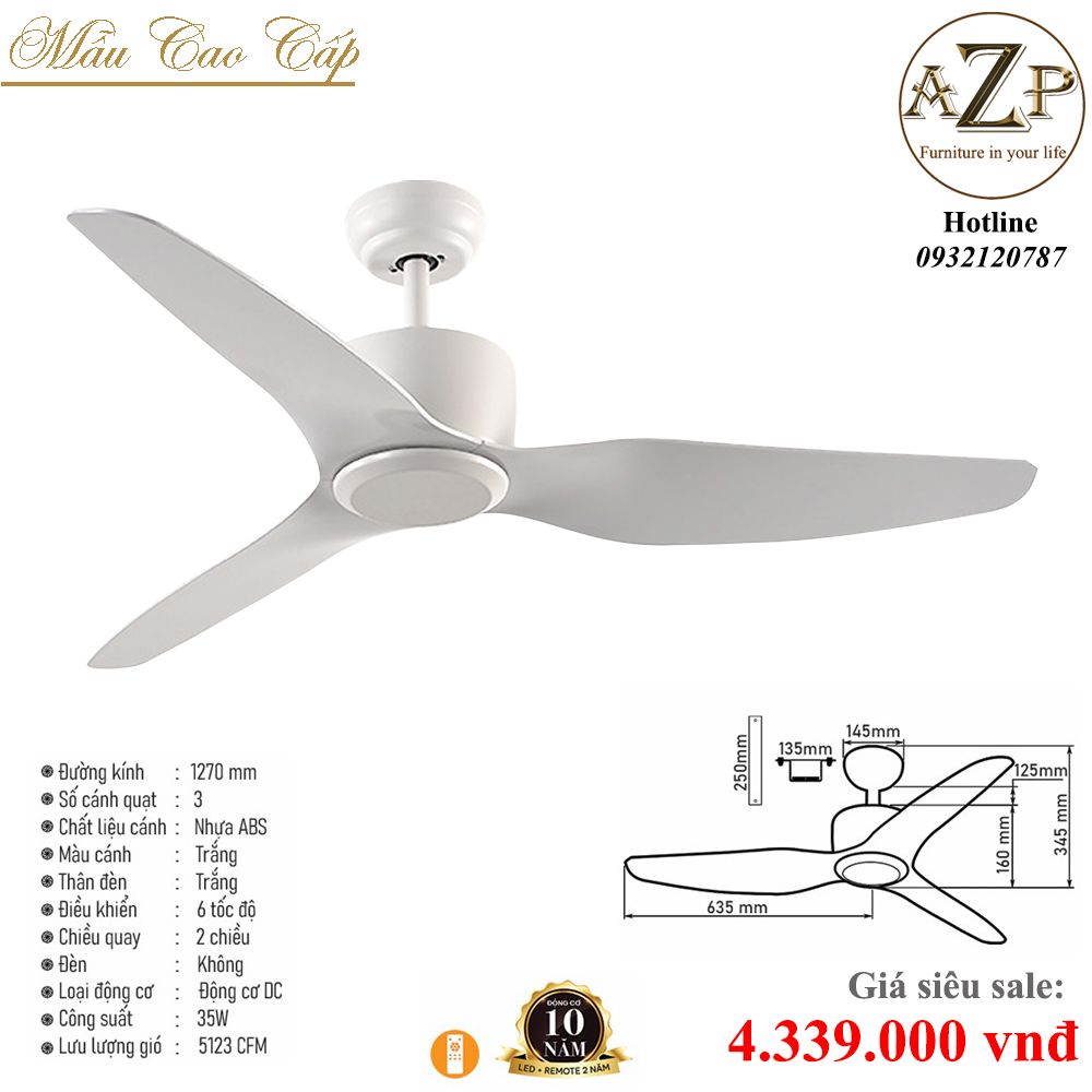 Quạt Nhóm Trung Lưu 3 Cánh Nhựa ABS  - Không Đèn/ Bảo Hành 10 năm AZP-QTL18
