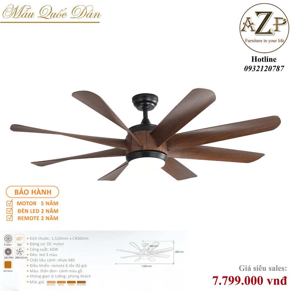 Quạt Nhóm Quốc Dân 8 Cánh Nhựa ABS - Có Đèn/ Bảo Hành 5 năm AZP-QQD59