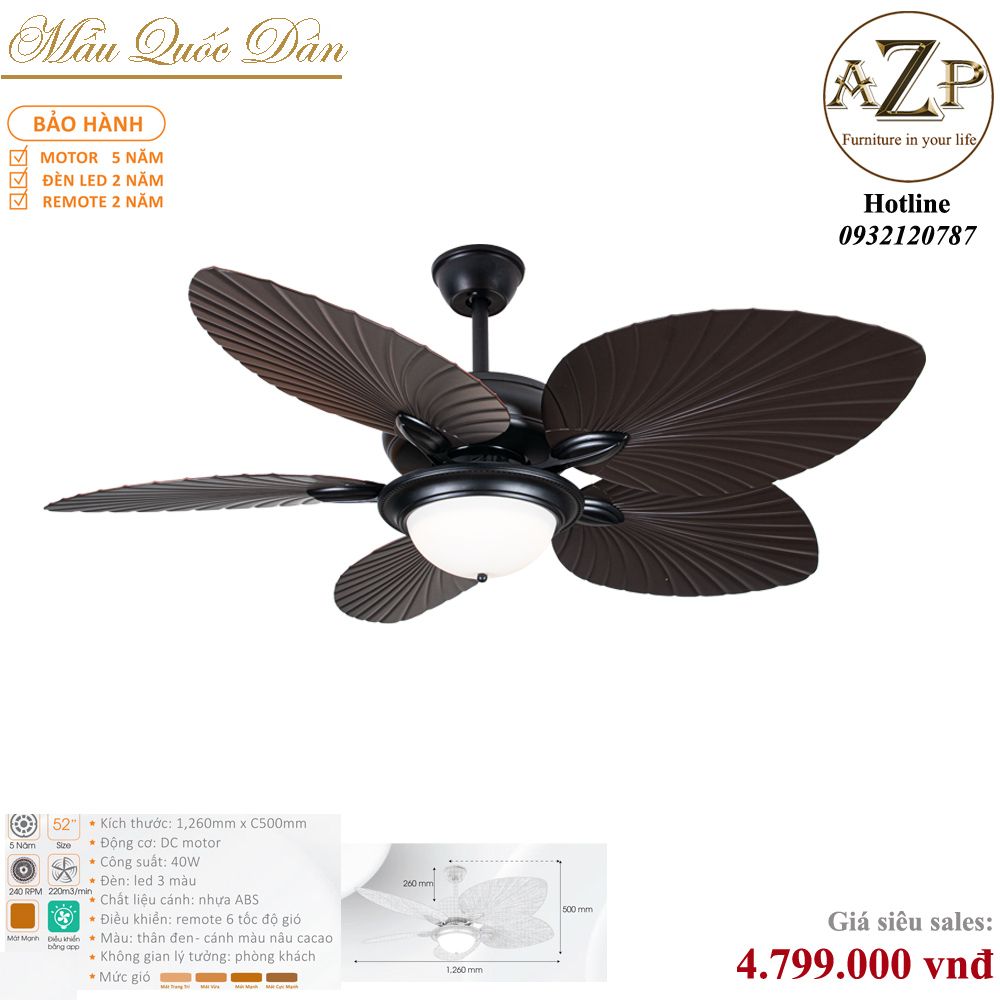 Quạt Nhóm Quốc Dân 5 Cánh Nhựa ABS - Có Đèn/ Bảo Hành 5 năm AZP-QQD100 2