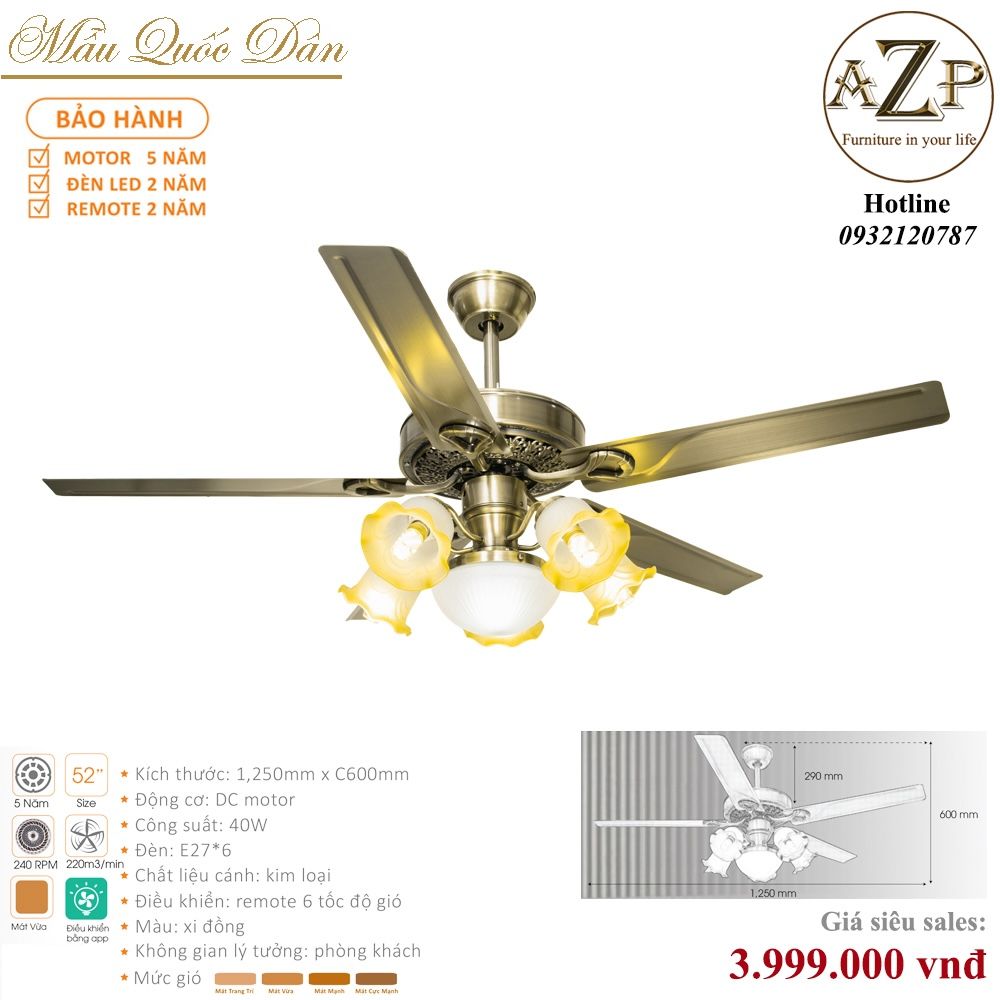 Quạt Nhóm Quốc Dân 5 Cánh Thép - Có Đèn/ Bảo Hành 5 năm AZP-QQD44