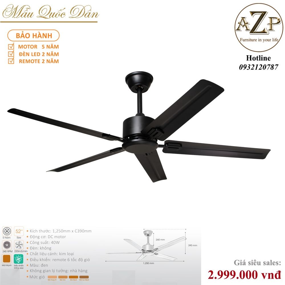 Quạt Nhóm Quốc Dân 5 Cánh Thép - Có Đèn/ Bảo Hành 5 năm AZP-QQD49