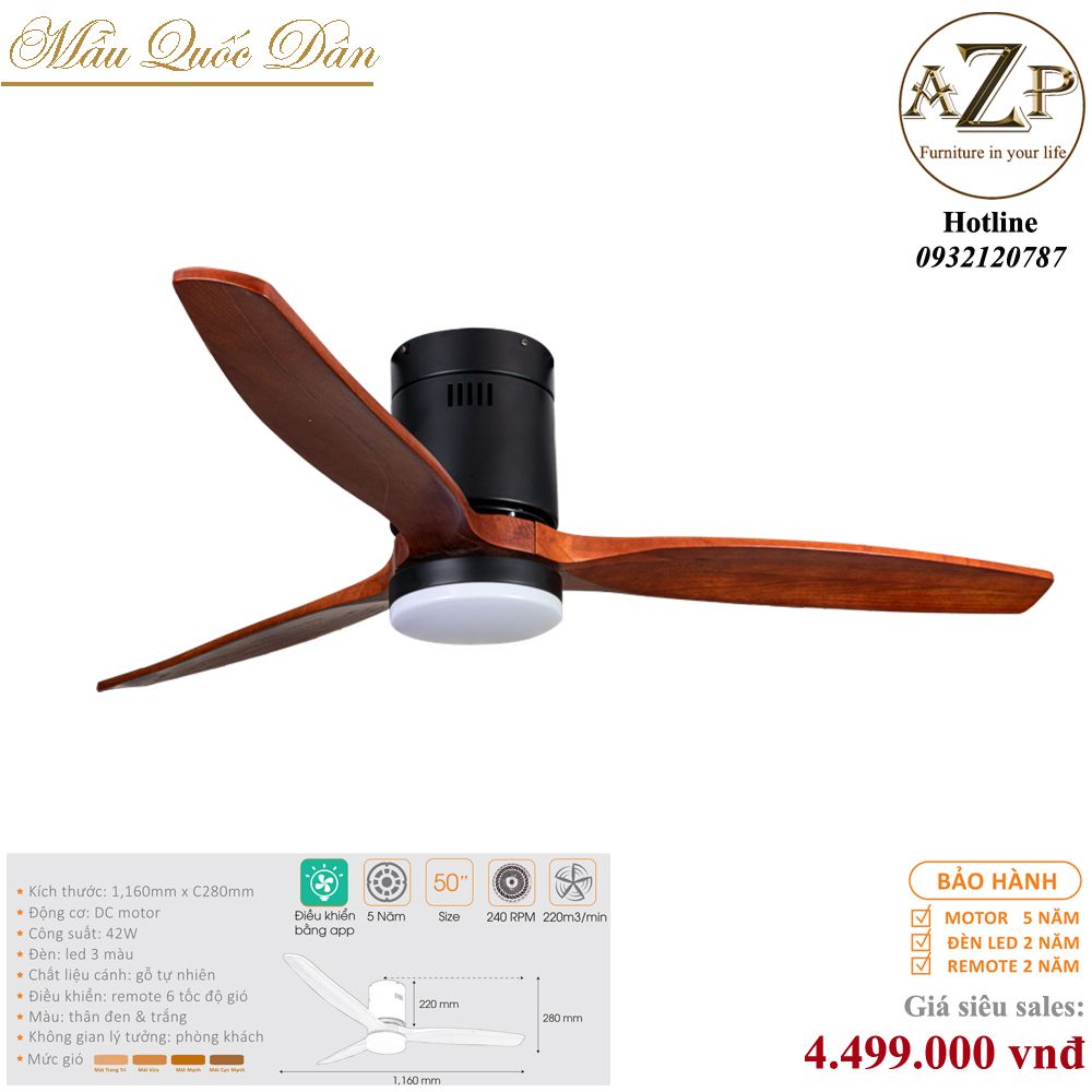 Quạt Nhóm Quốc Dân 3 Cánh Gỗ - Có Đèn/ Bảo Hành 5 năm AZP-QQD100 58