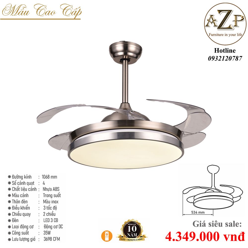Quạt Nhóm Trung Lưu 4 Cánh Nhựa ABS - Có Đèn/ Bảo Hành 10 năm AZP-QTL74