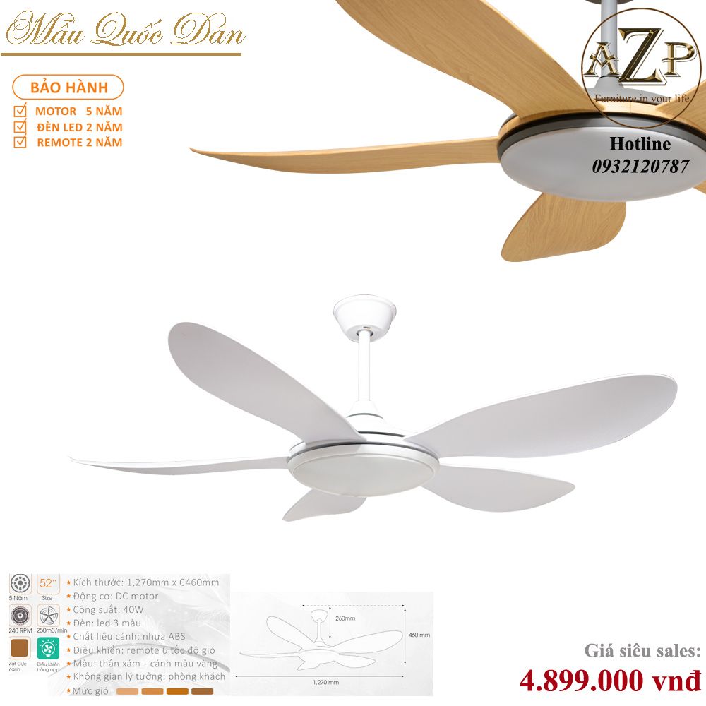 Quạt Nhóm Quốc Dân 5 Cánh Nhựa ABS - Có Đèn/ Bảo Hành 5 năm AZP-QQD100 8