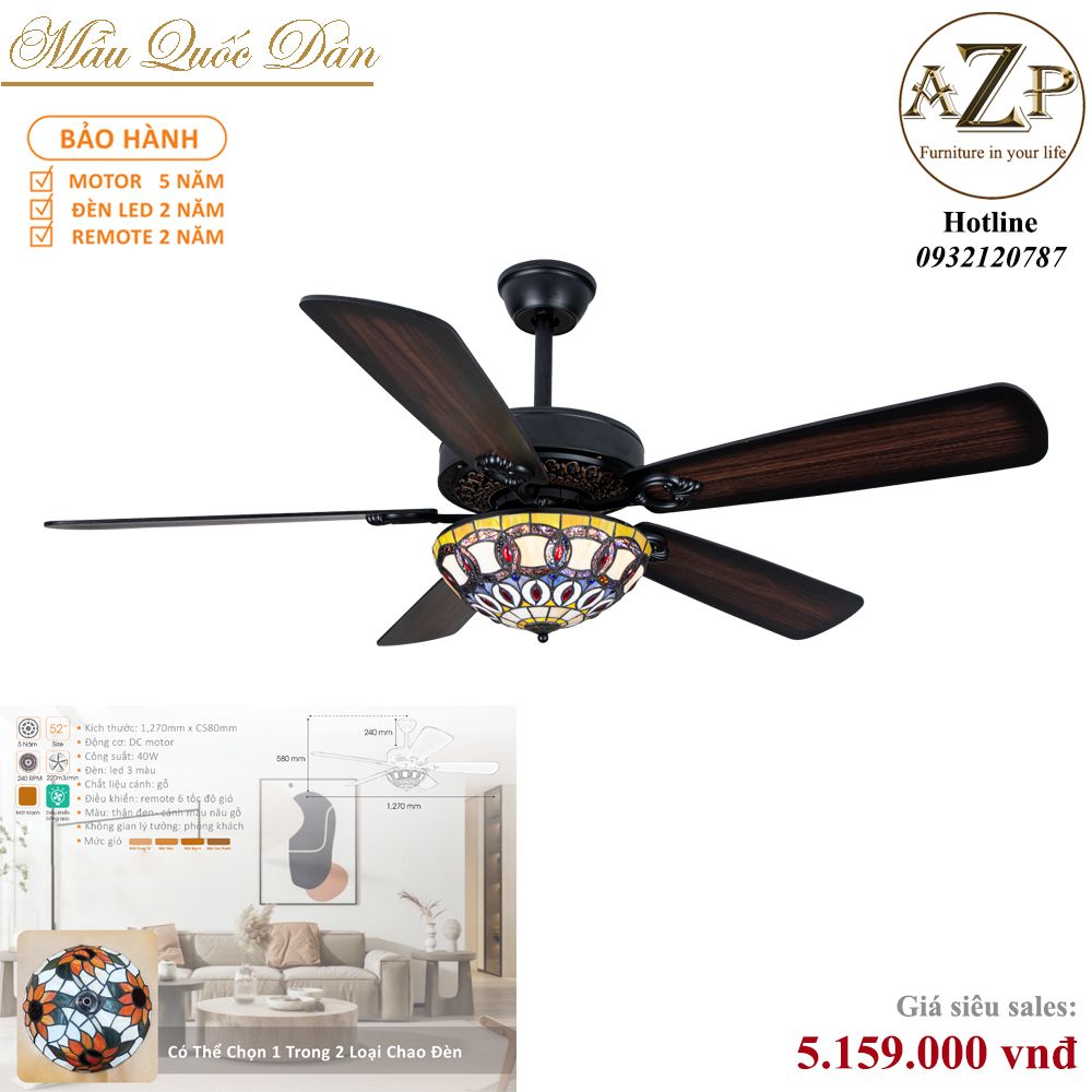 Quạt Nhóm Quốc Dân 5 Cánh Gỗ - Có Đèn/ Bảo Hành 5 năm AZP-QQD20