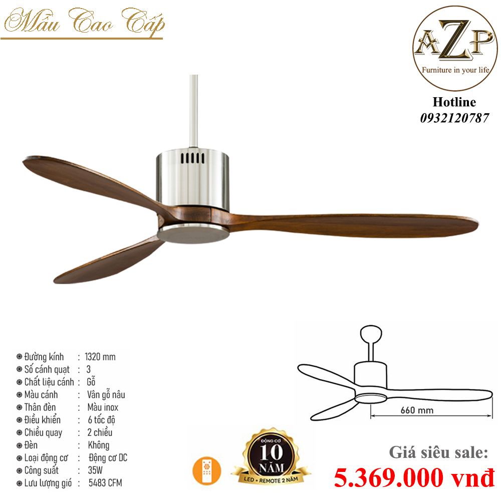 Quạt Nhóm Trung Lưu 3 Cánh Gỗ - Không Đèn/ Bảo Hành 10 năm AZP-QTL21