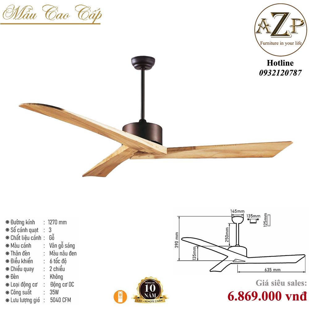 Quạt Nhóm Trung Lưu 3 Cánh Gỗ  - Không Đèn/ Bảo Hành 10 năm AZP-QTL14