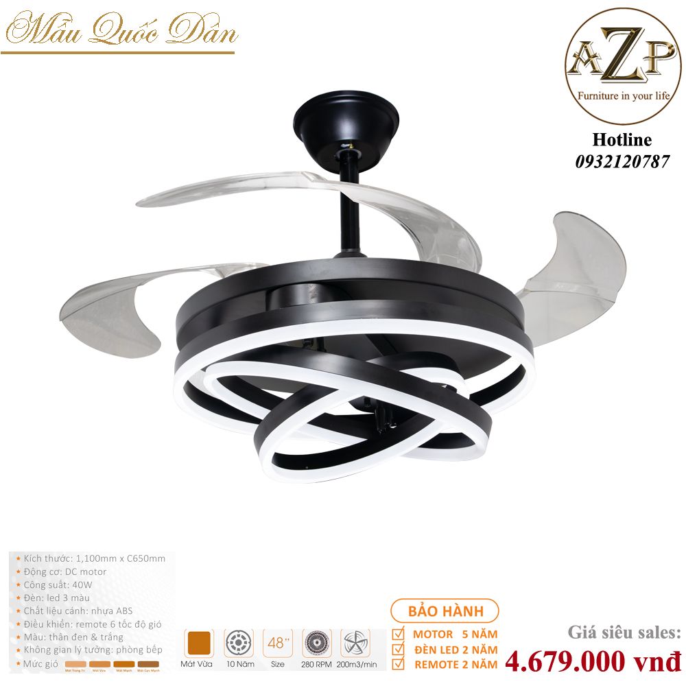 Quạt Nhóm Quốc Dân 4 Cánh Nhựa ABS - Có Đèn/ Bảo Hành 5 năm AZP-QQD100 50