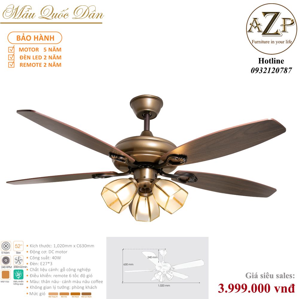 Quạt Nhóm Quốc Dân 5 Cánh Gỗ - Có Đèn/ Bảo Hành 5 năm AZP-QQD12B