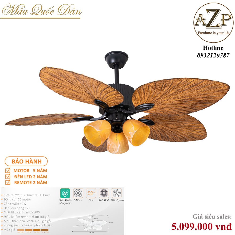 Quạt Nhóm Quốc Dân 5 Cánh Nhựa ABS - Có Đèn/ Bảo Hành 5 năm AZP-QQD65