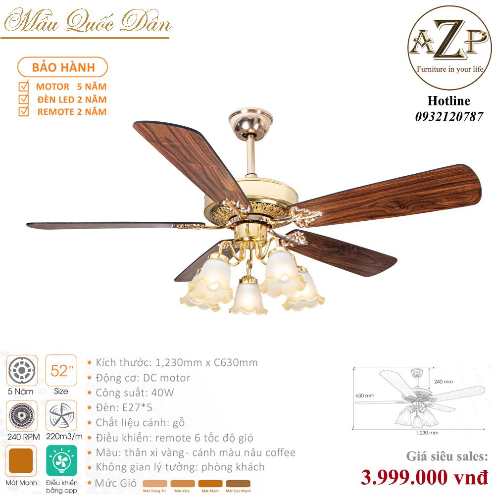 Quạt Nhóm Quốc Dân 5 Cánh Gỗ - Có Đèn/ Bảo Hành 5 năm AZP-QQD32