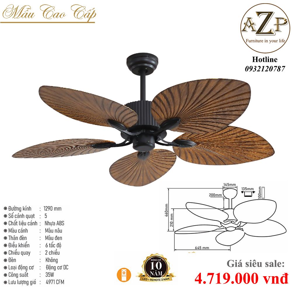 Quạt Nhóm Trung Lưu 5 Cánh Nhựa ABS - Không Đèn/ Bảo Hành 10 năm AZP-QTL47